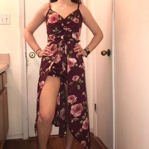 Maroon floral romper dress